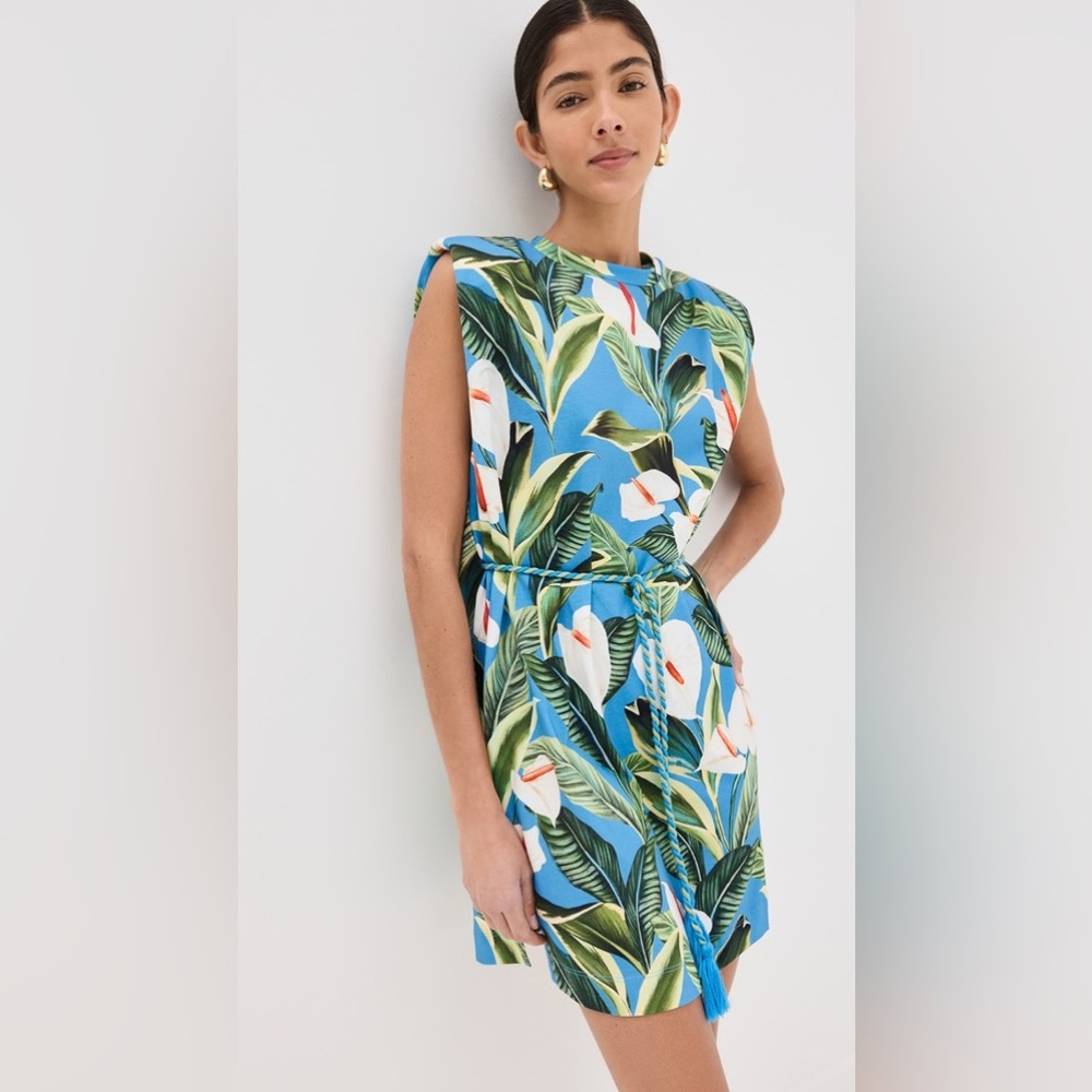 FARM Rio Blue Tropical Leaf Mini Dress with White Floral Accents